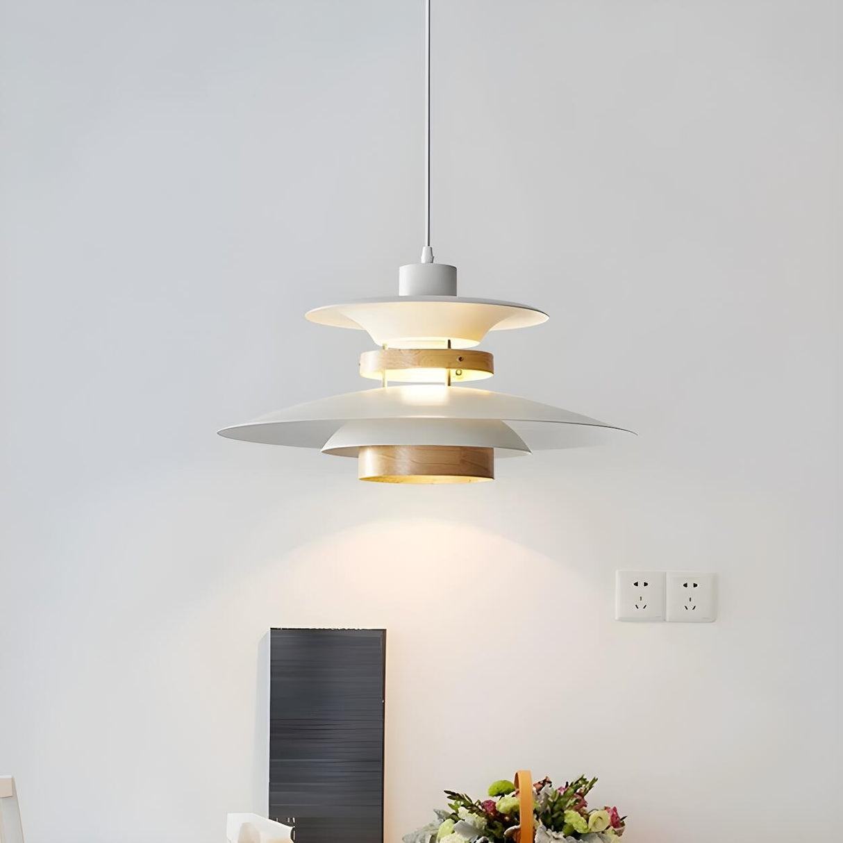 Nordic Multi-Layer White Aluminum Walnut Pendant Light Image - 3