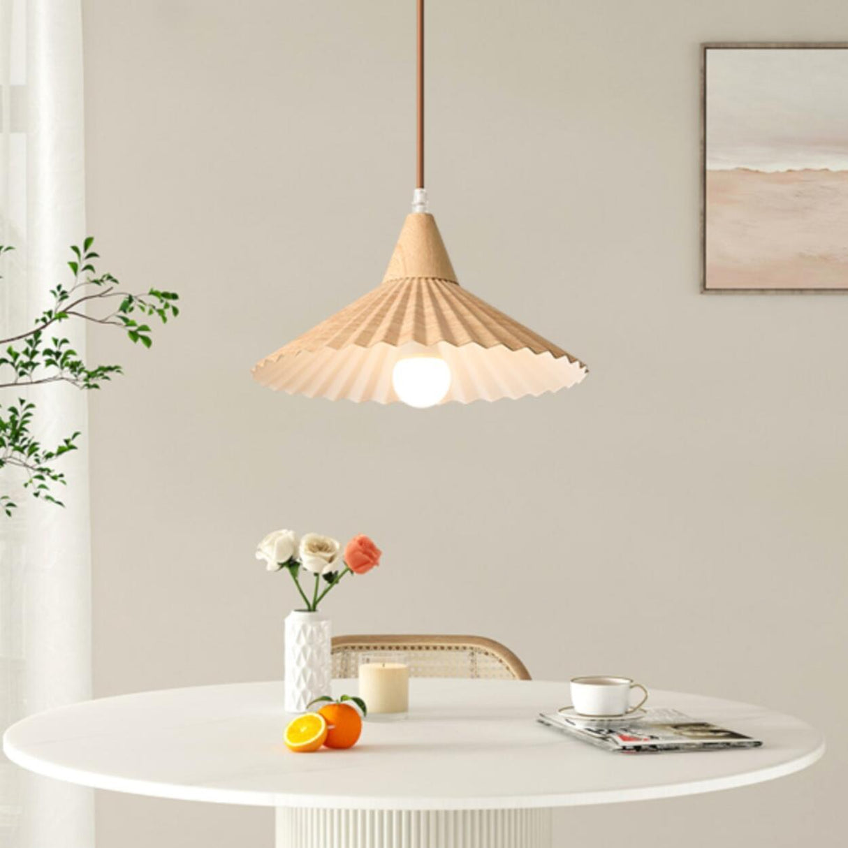 Nordic Pleated Cone Wood Color Pendant Light Dining Room Image - 1