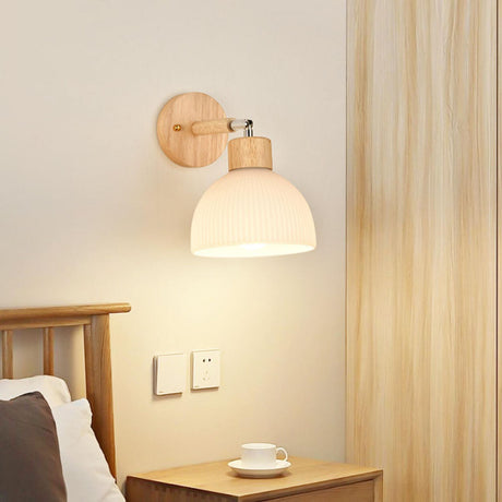 Nordic Ribbed Glass Wooden Dome Bedside Wall Sconce Image - 1