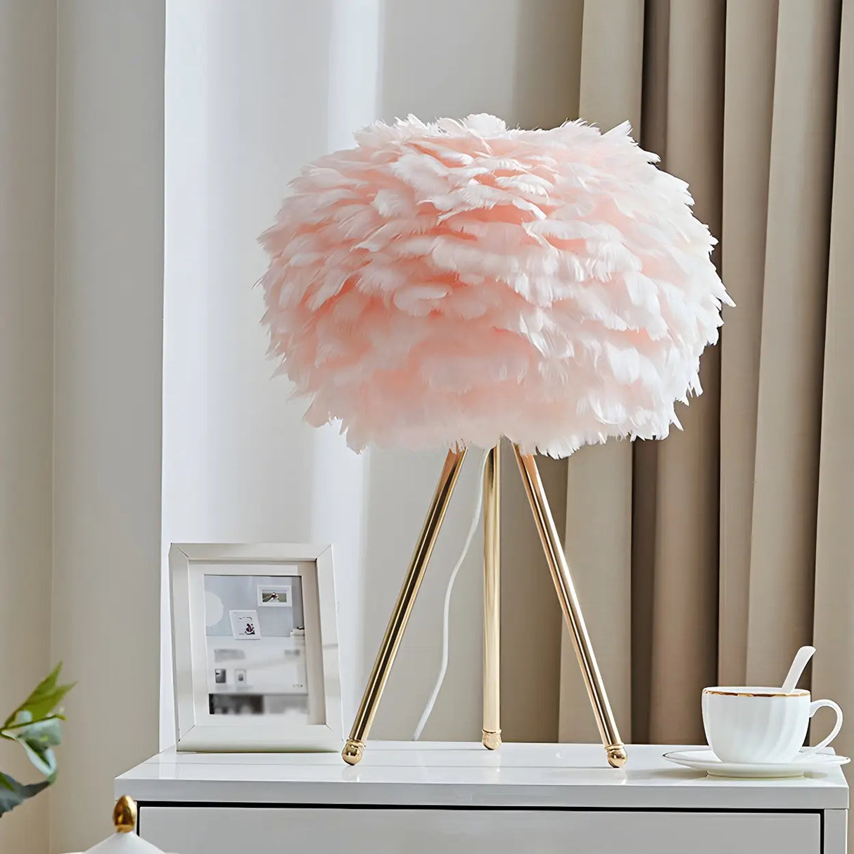 Nordic Romantic Feather Sphere Metal Tripod Table Lamp Image - 8