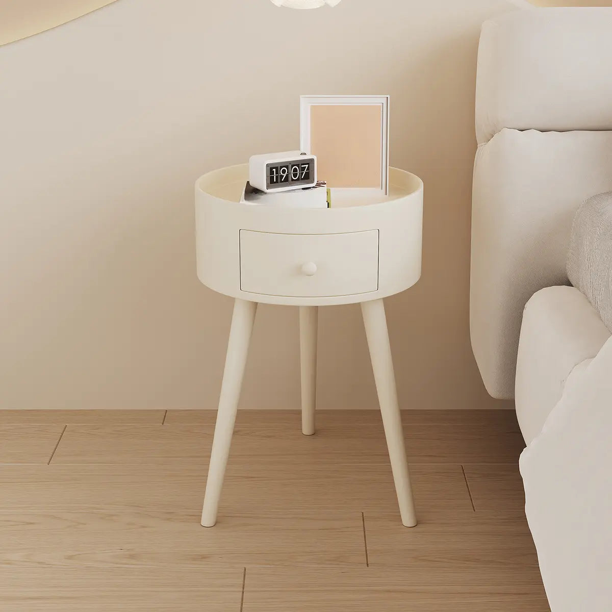 Nordic Round Wood Tripod Cream 1 Drawer Nightstand Image - 17