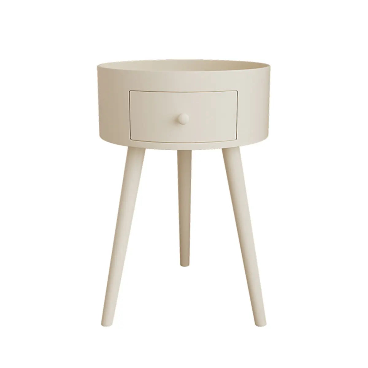 Nordic Round Wood Tripod Cream 1 Drawer Nightstand Image - 3