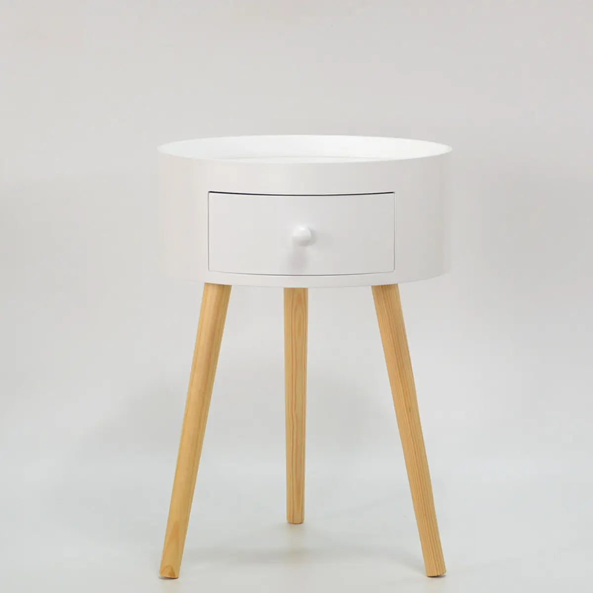 Nordic Round Wood Tripod Cream 1 Drawer Nightstand Image - 4