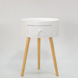 Nordic Round Wood Tripod Cream 1 Drawer Nightstand Image - 4