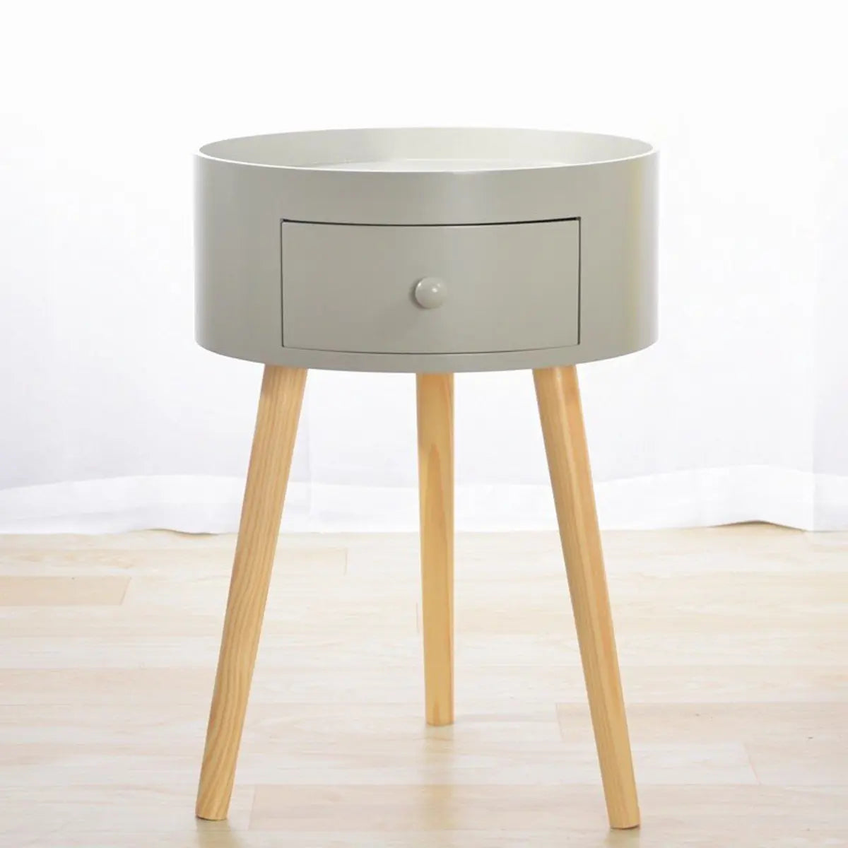 Nordic Round Wood Tripod Cream 1 Drawer Nightstand Image - 7