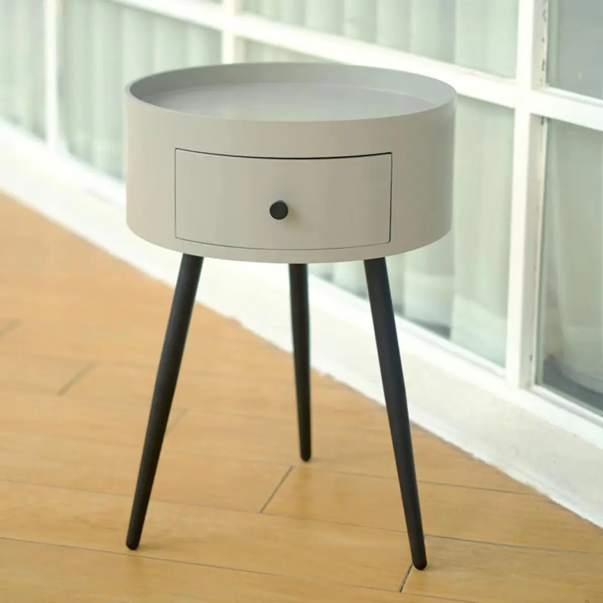 Nordic Round Wood Tripod Cream 1 Drawer Nightstand Image - 9