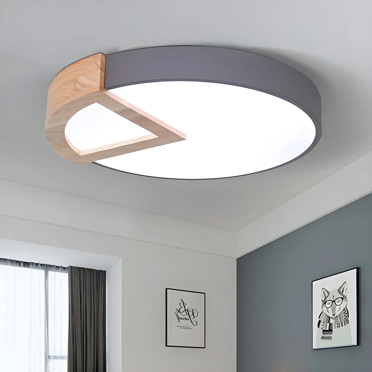 Nordic Round Wooden Sector LED Flush Mount Ceiling Lamp Image - 2