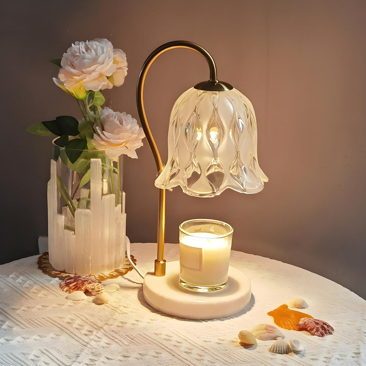 Nordic Simple Clear Flower Shade Marble Base Table Lamp Image - 9