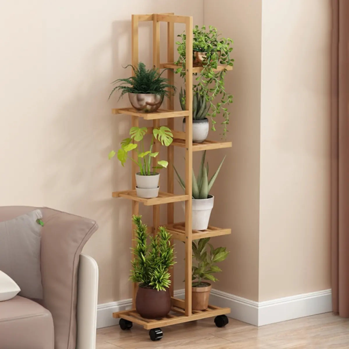 Nordic Square Multi-layer Bamboo Rolling Plant Stand Image - 13