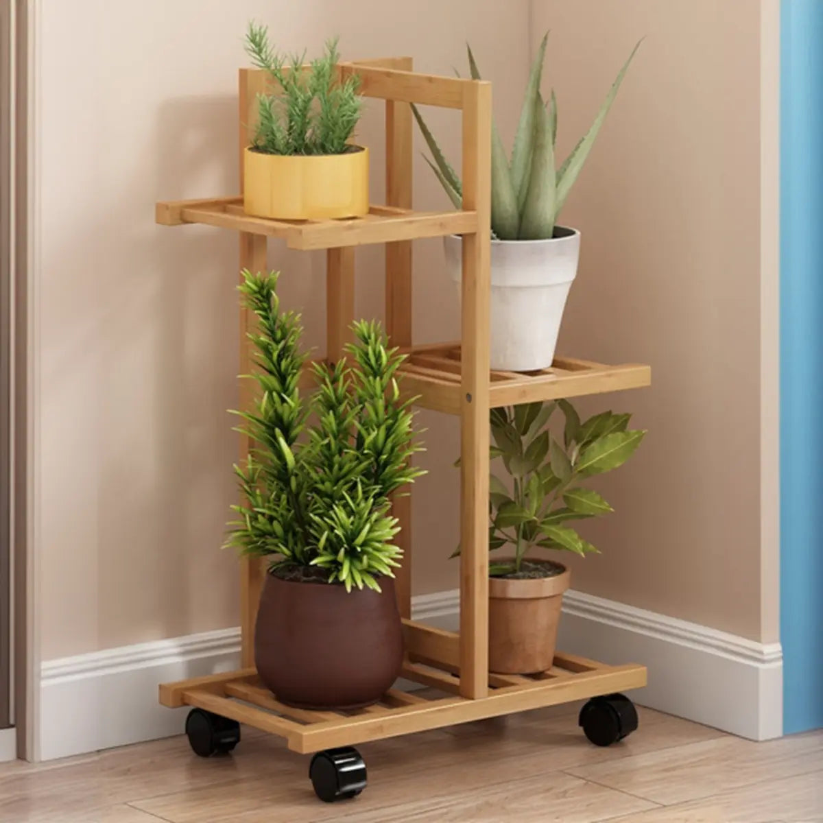 Nordic Square Multi-layer Bamboo Rolling Plant Stand Image - 9