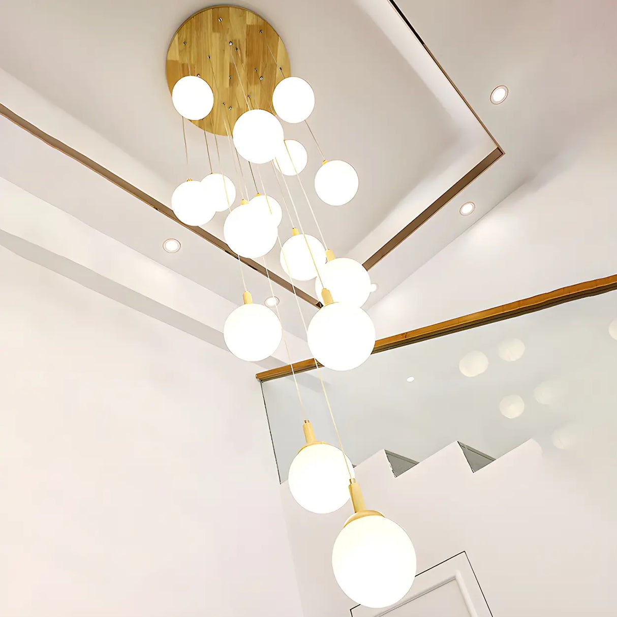 Nordic Stairwell Cluster White Glass Globe Pendant Light Image - 1