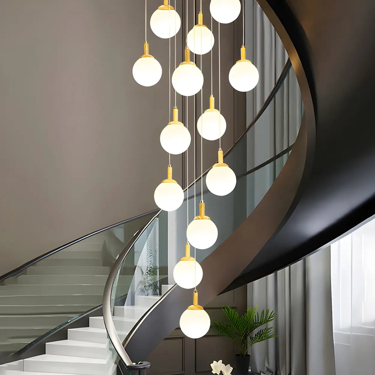 Nordic Stairwell Cluster White Glass Globe Pendant Light Image - 16