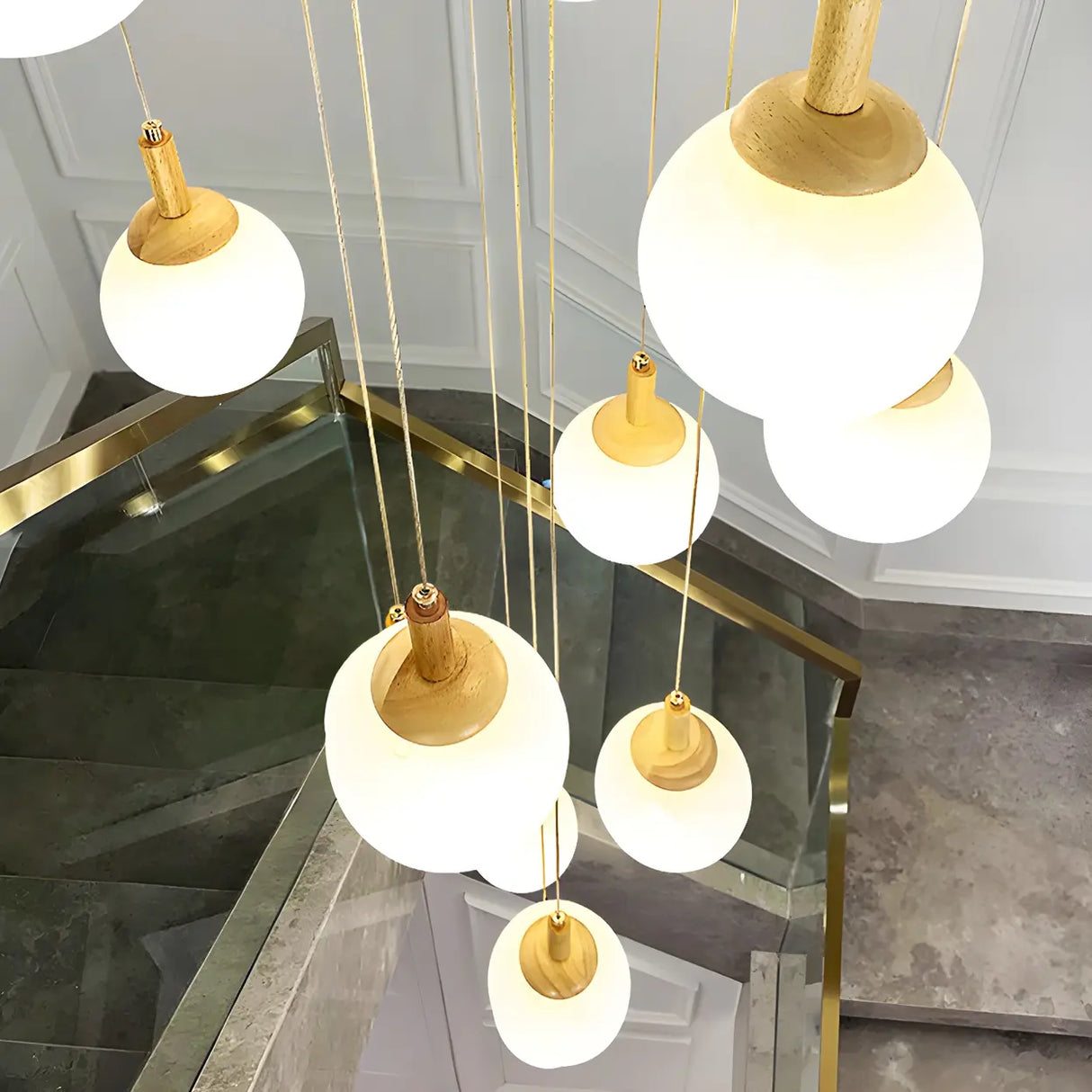 Nordic Stairwell Cluster White Glass Globe Pendant Light Image - 17