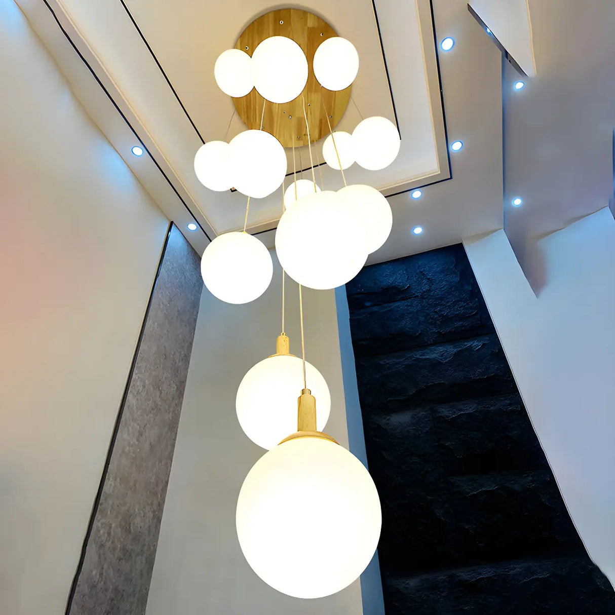 Nordic Stairwell Cluster White Glass Globe Pendant Light Image - 4