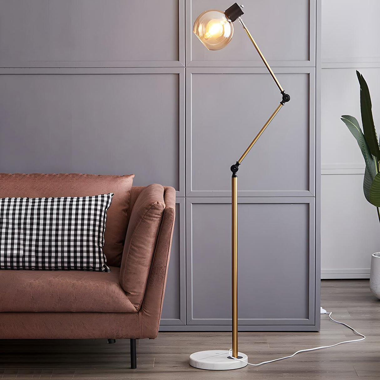 Nordic Style Adjustable Glass Globe Brass Floor Lamp Image - 2