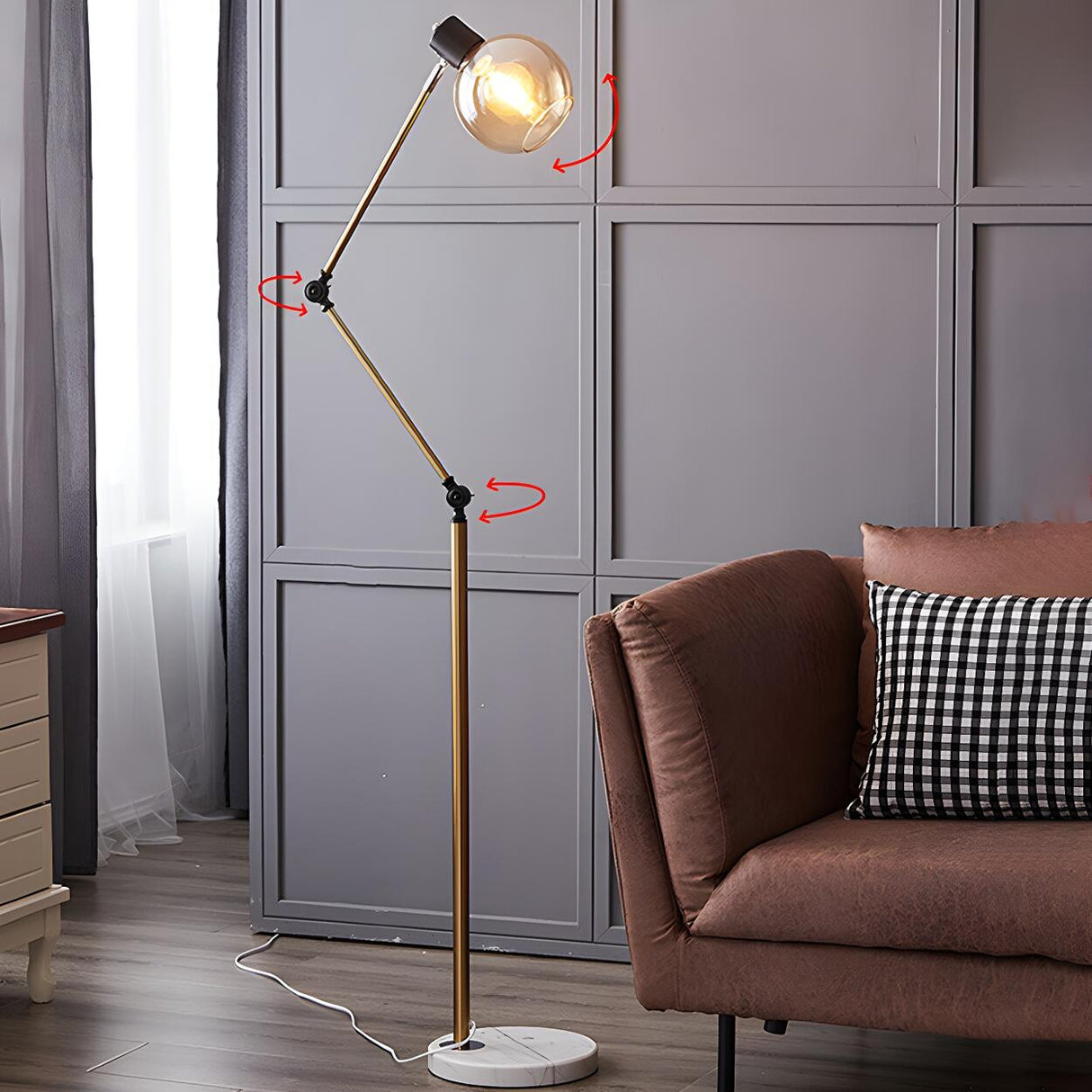 Nordic Style Adjustable Glass Globe Brass Floor Lamp Image - 3