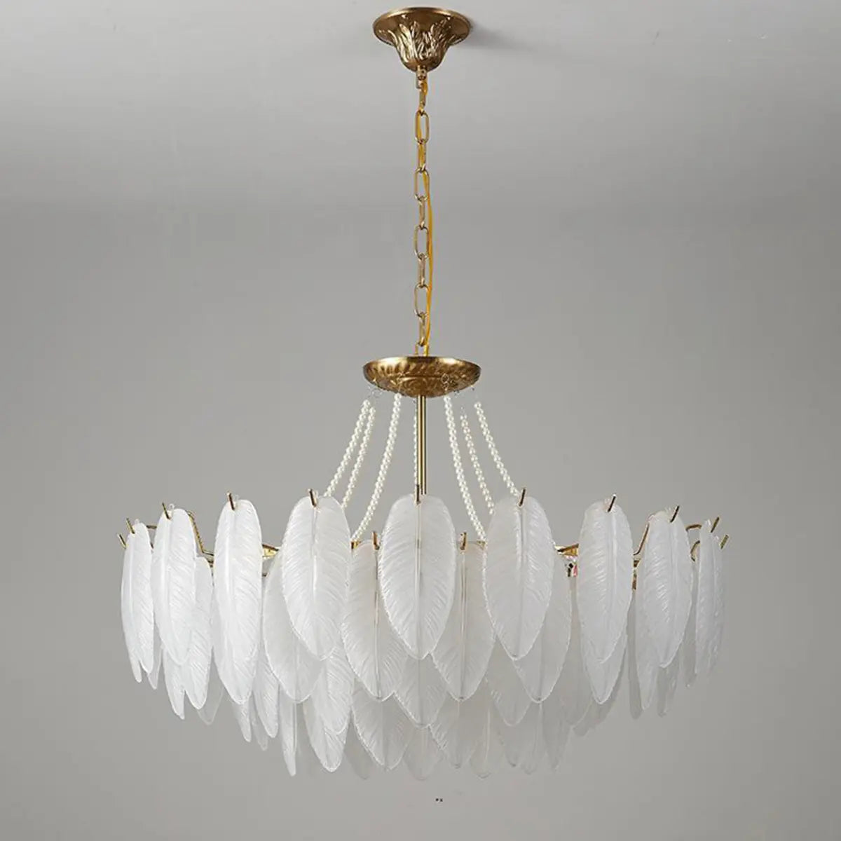 Nordic Tiered Leaf Glass Living Room White Chandelier Image - 14