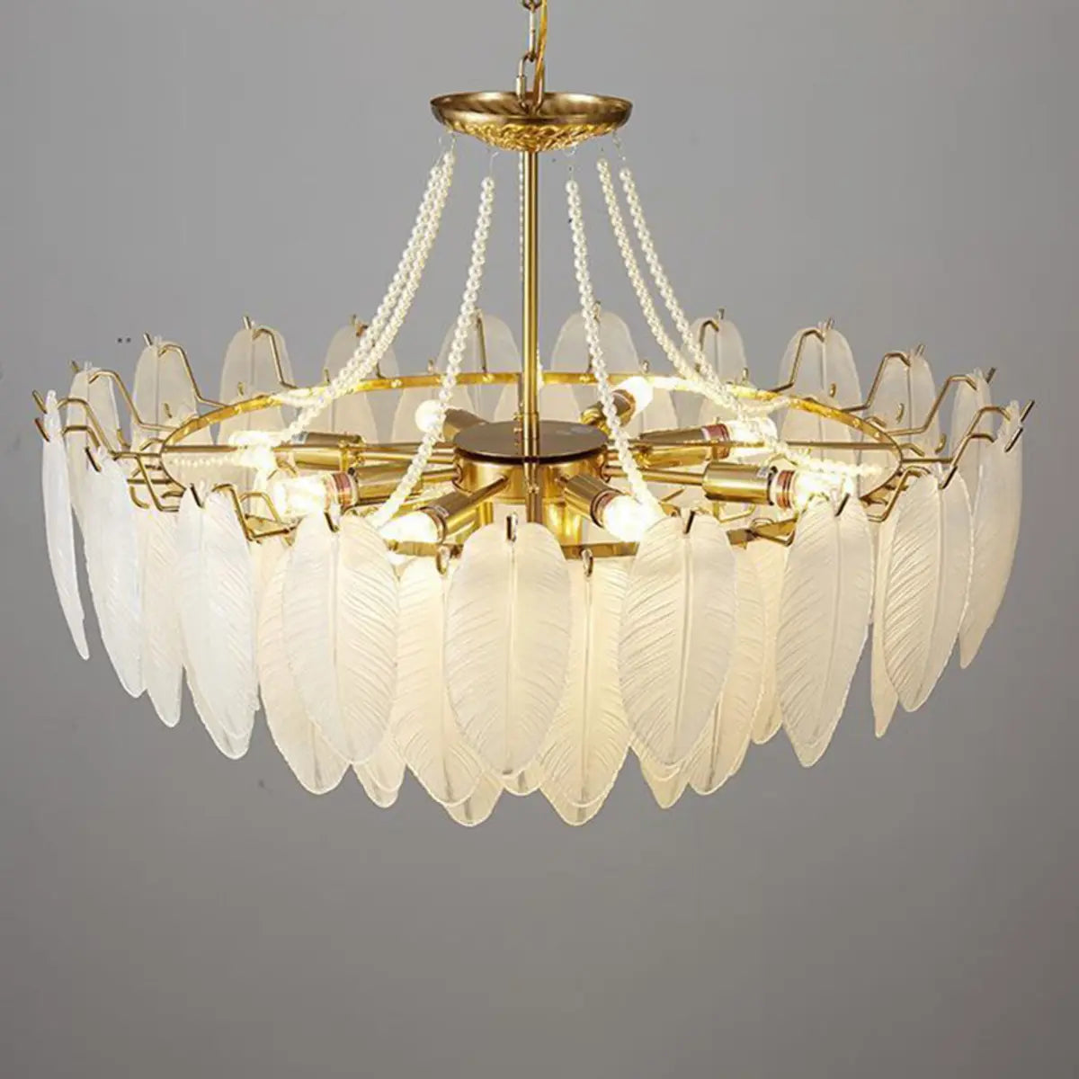 Nordic Tiered Leaf Glass Living Room White Chandelier Image - 16