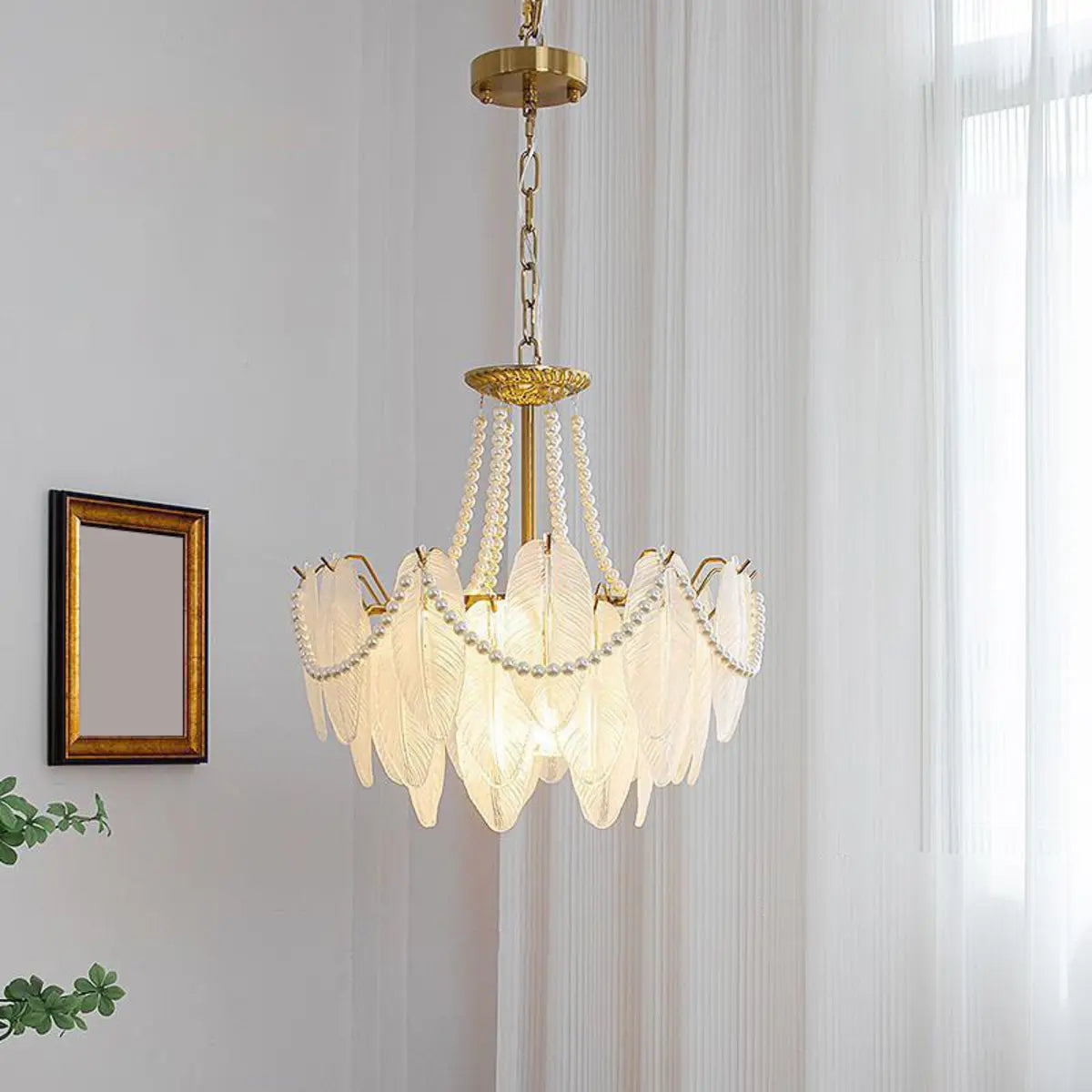 Nordic Tiered Leaf Glass Living Room White Chandelier Image - 4