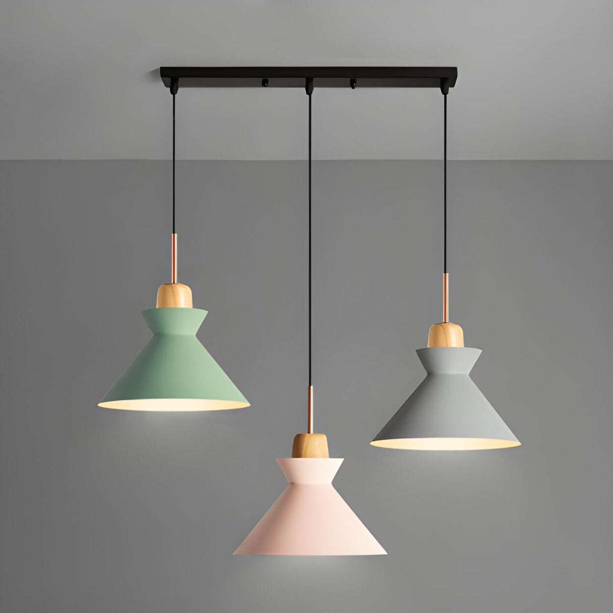 Nordic Tri-Color Pink Green Modern Cone Pendant Light Image - 1