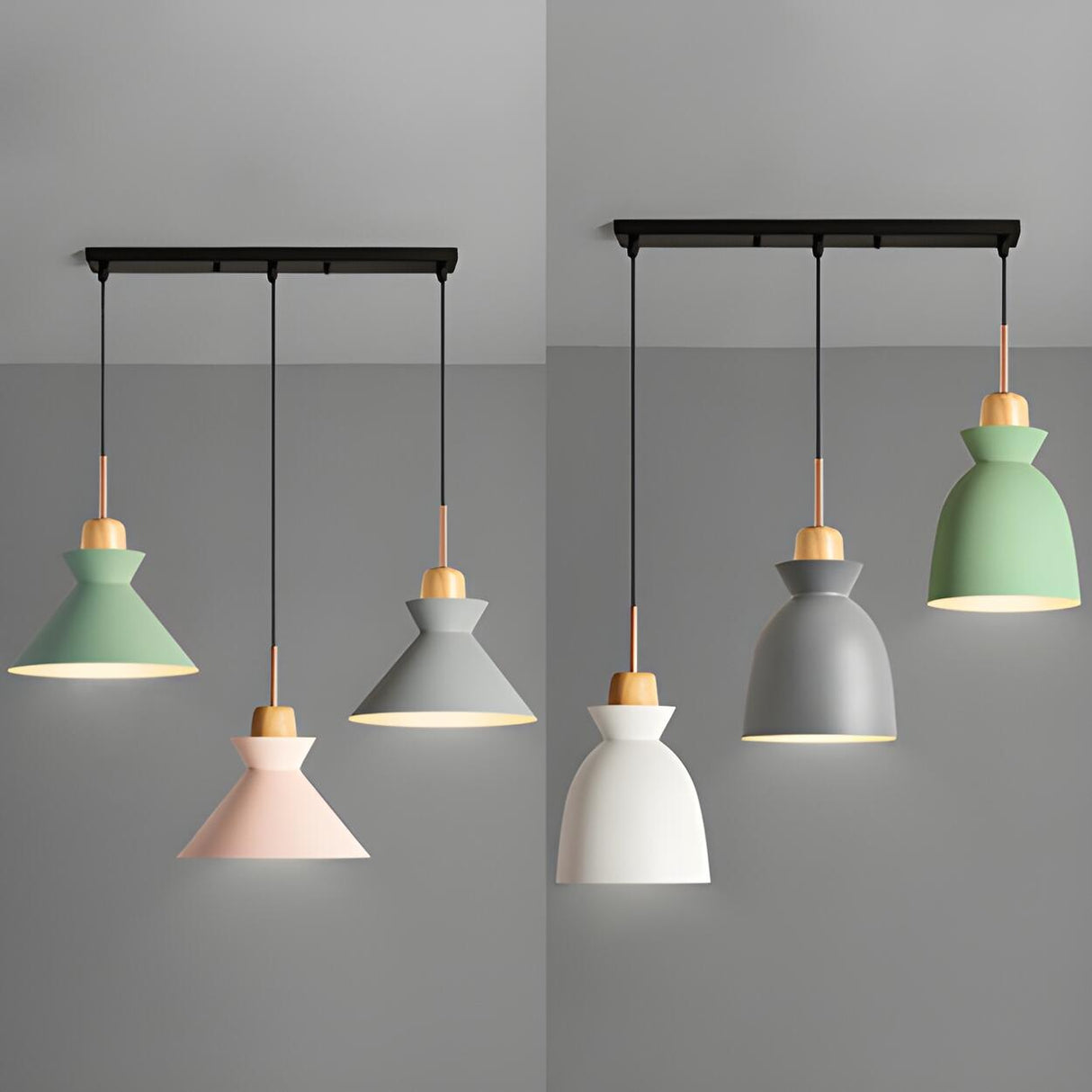 Nordic Tri-Color Pink Green Modern Cone Pendant Light Image - 3