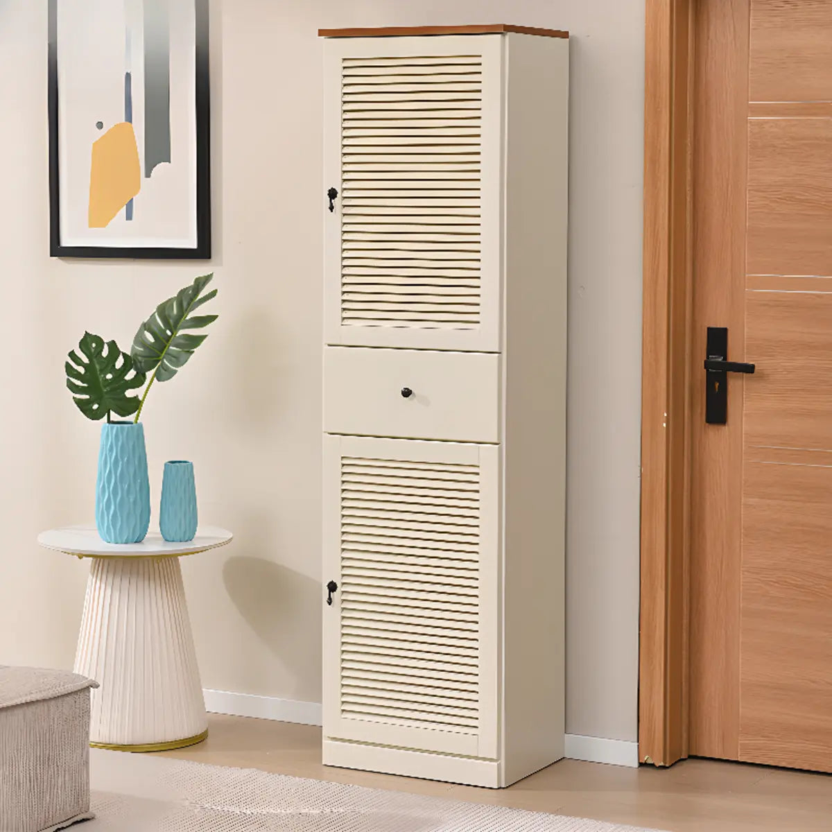 Nordic Vertical Wood Ivory Entryway Shoe Cabinet Storage Image - 43