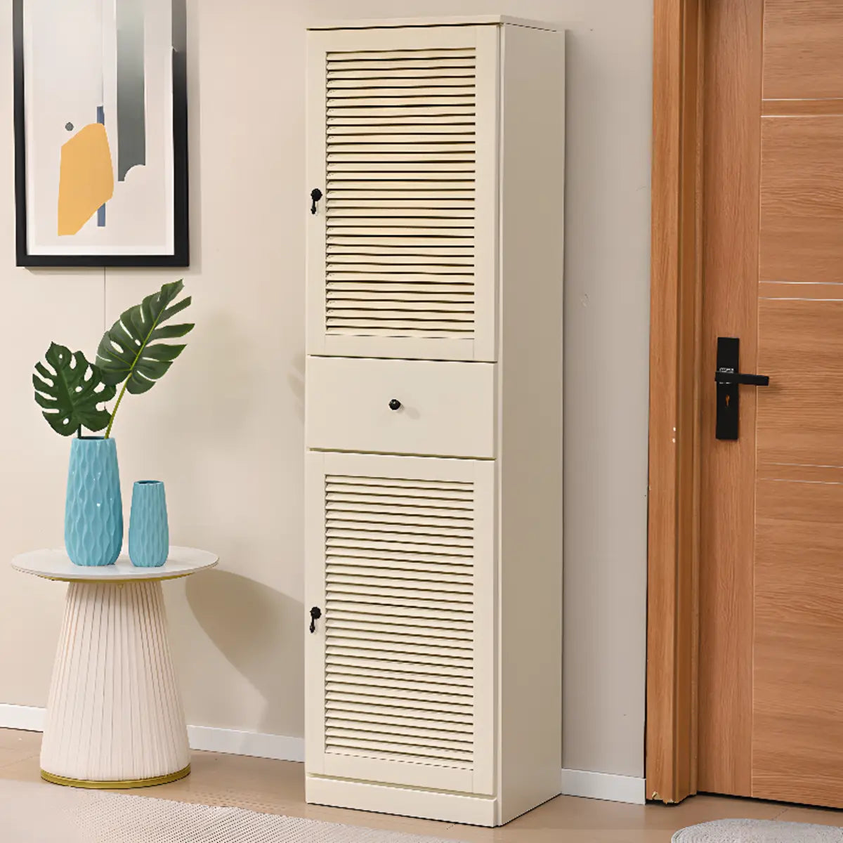 Nordic Vertical Wood Ivory Entryway Shoe Cabinet Storage Image - 45