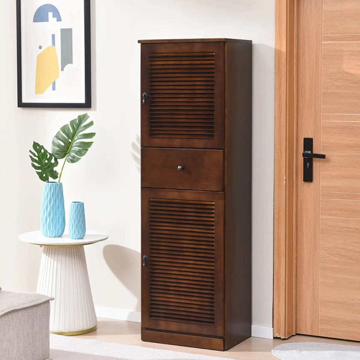 Nordic Vertical Wood Ivory Entryway Shoe Cabinet Storage Image - 8