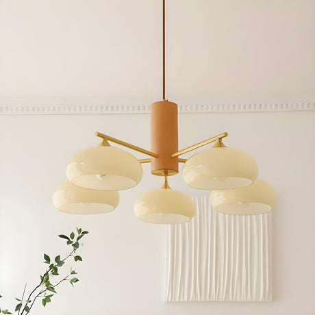 Nordic Wood and Beige Dome Chandelier Adjustable Height Image - 1