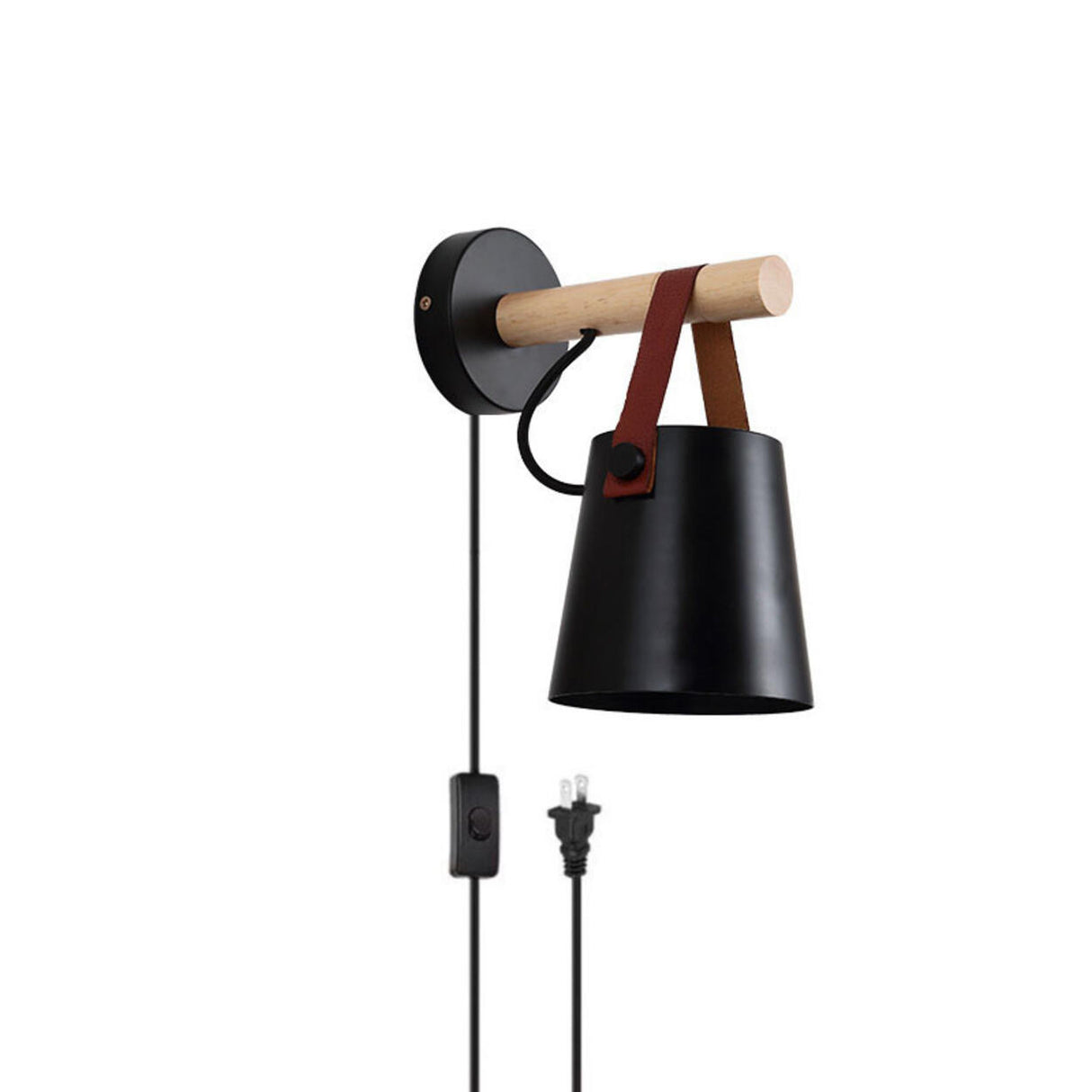 Nordic Wood and Leather Black Wall Sconce Image - 2