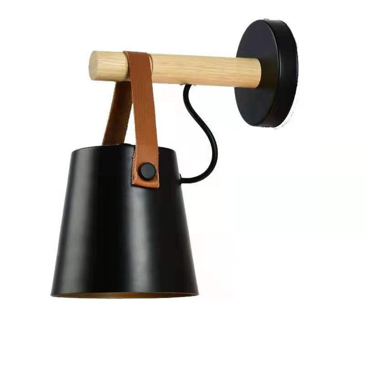 Nordic Wood and Leather Black Wall Sconce Image - 8