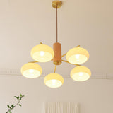 Nordic Wood Beige White Glass Dome Chandelier Image - 12