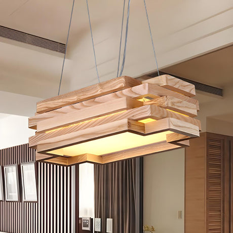 Nordic Wood Rectangle Tiered Pendant Chandelier Dining Room Image - 2