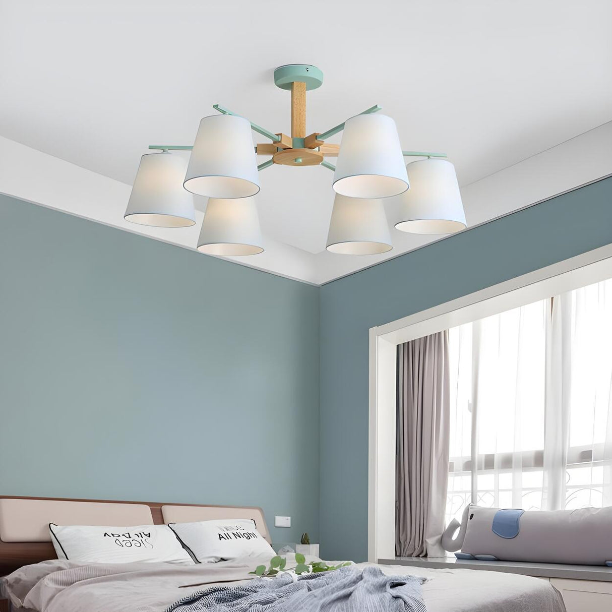 Nordic Wooden Modern Green Fabric Round Chandelier Image - 3