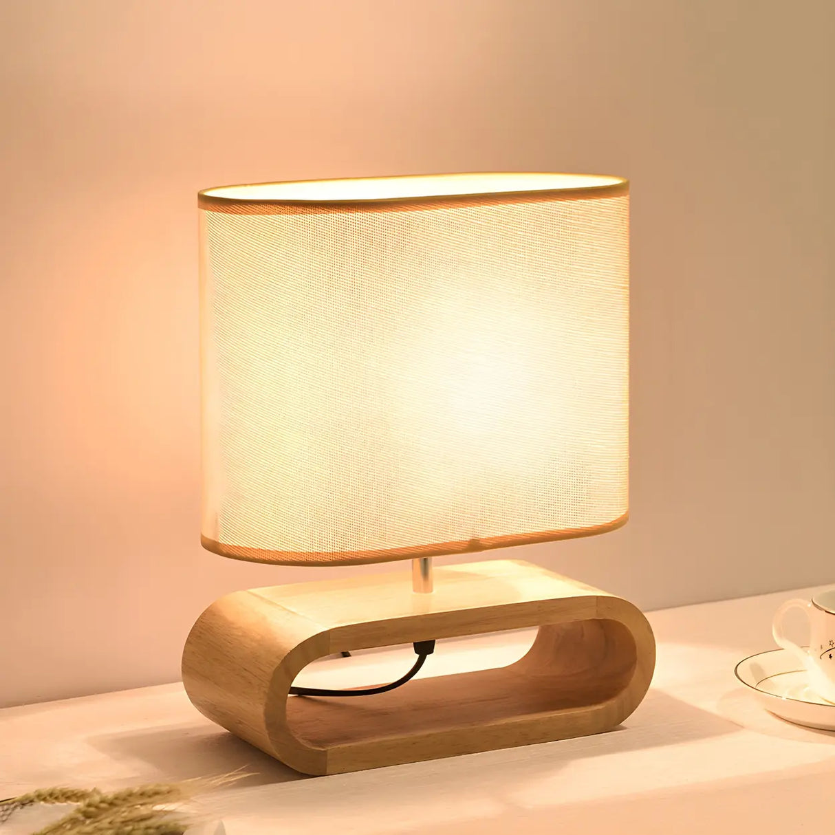 Nordic Wooden Oblong Fabric Shade Bedside Table Lamp Image - 2