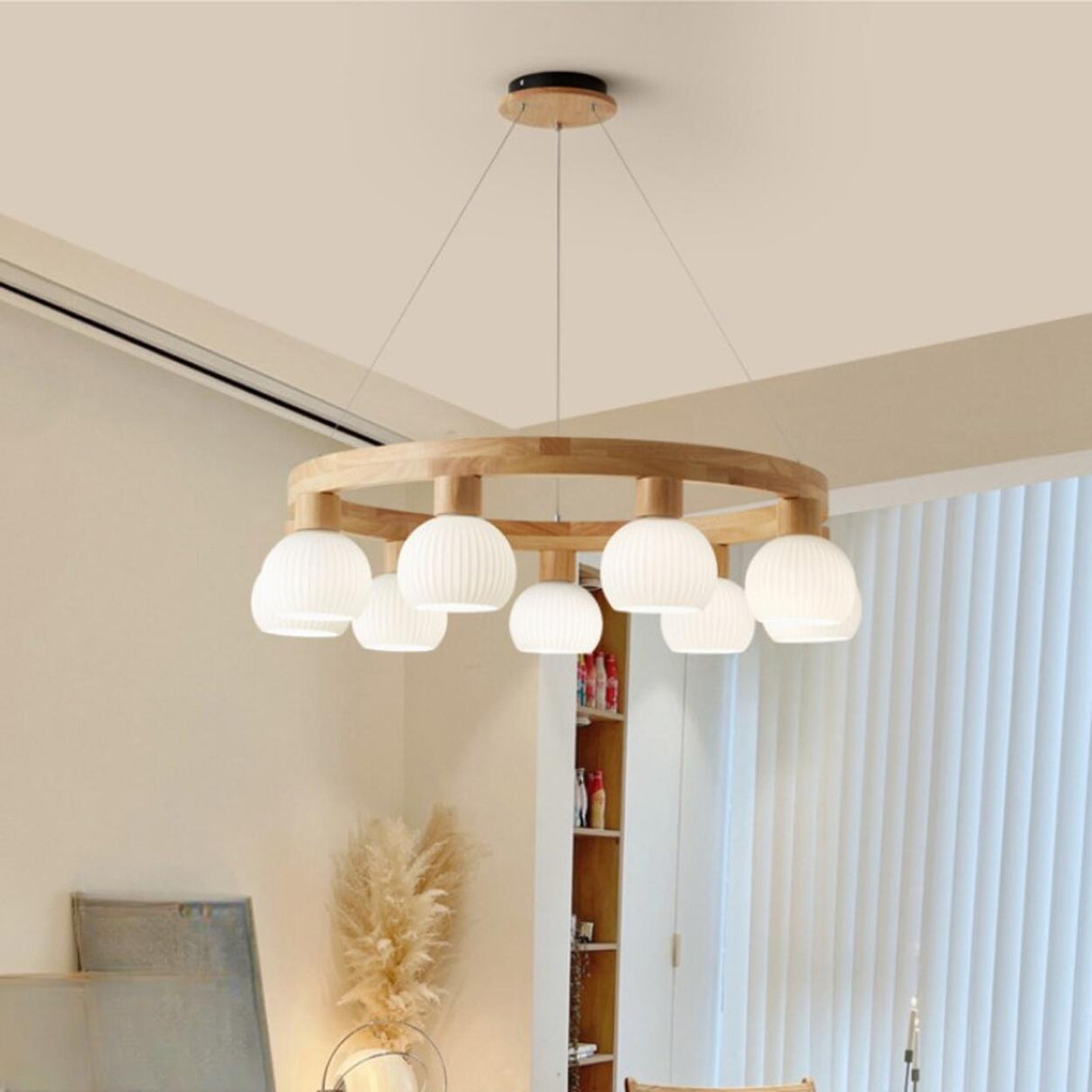 Nordic Wooden Ring White Globe Glass Chandelier Image - 4