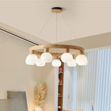 Nordic Wooden Ring White Globe Glass Chandelier Image - 4