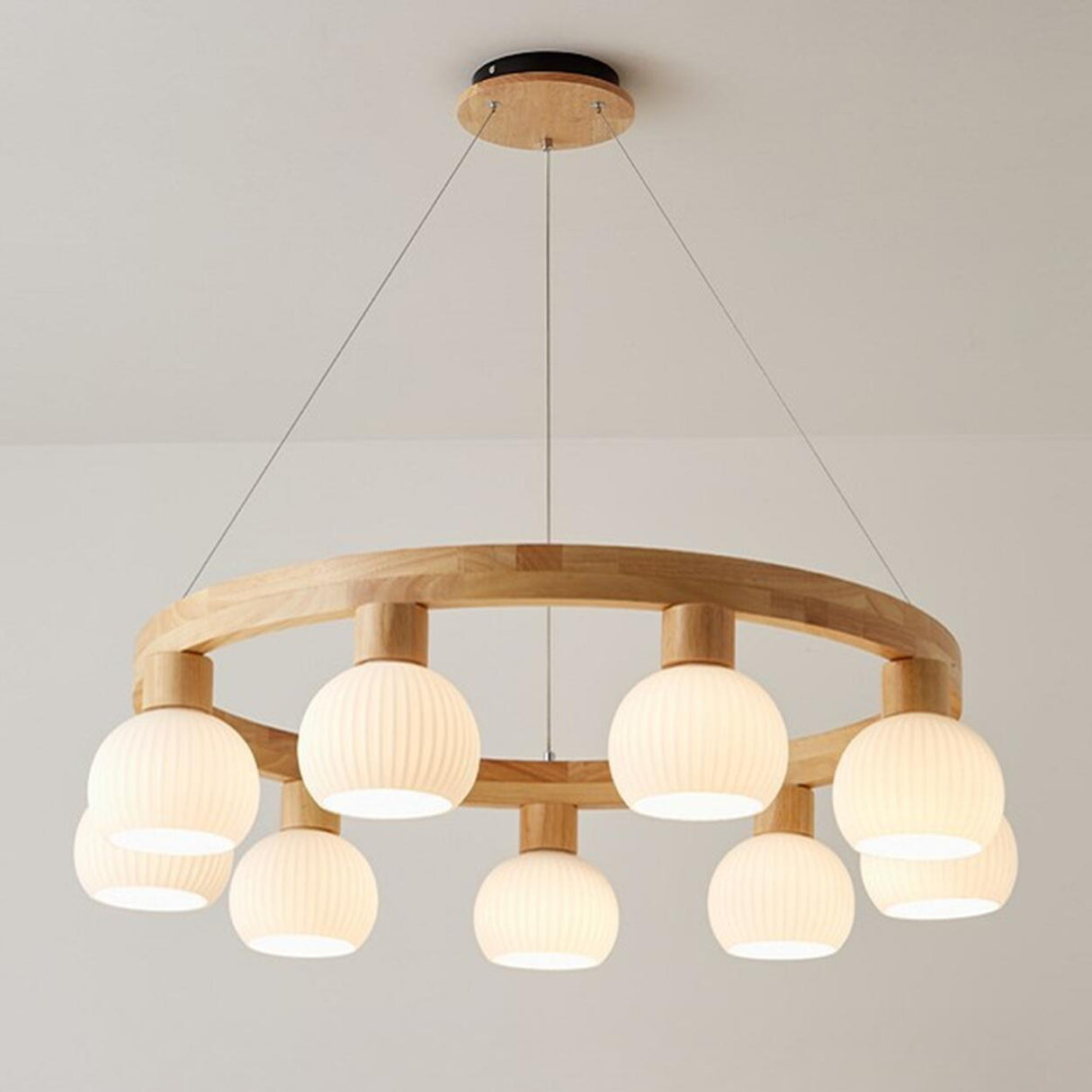 Nordic Wooden Ring White Globe Glass Chandelier Image - 5