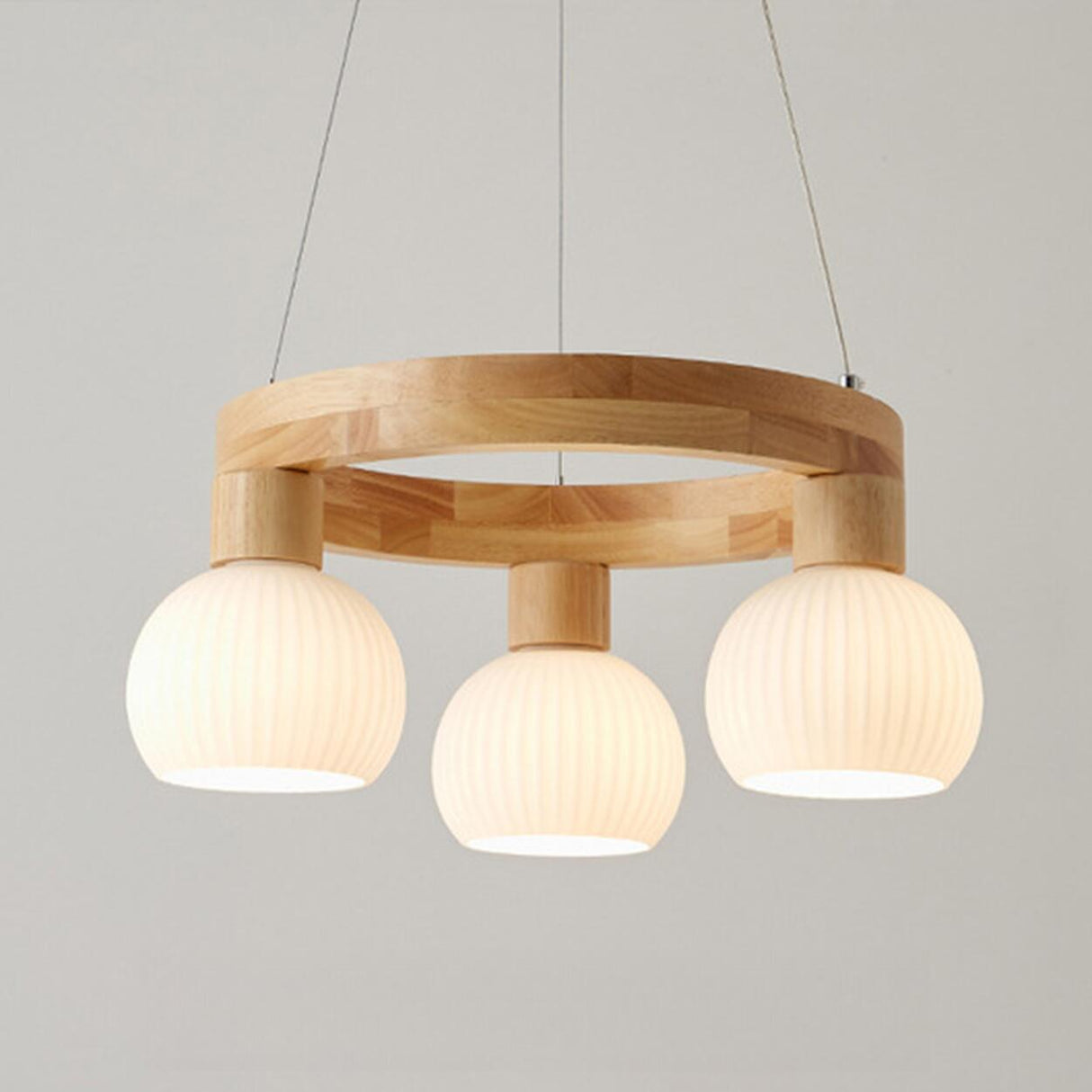 Nordic Wooden Ring White Globe Glass Chandelier Image - 6