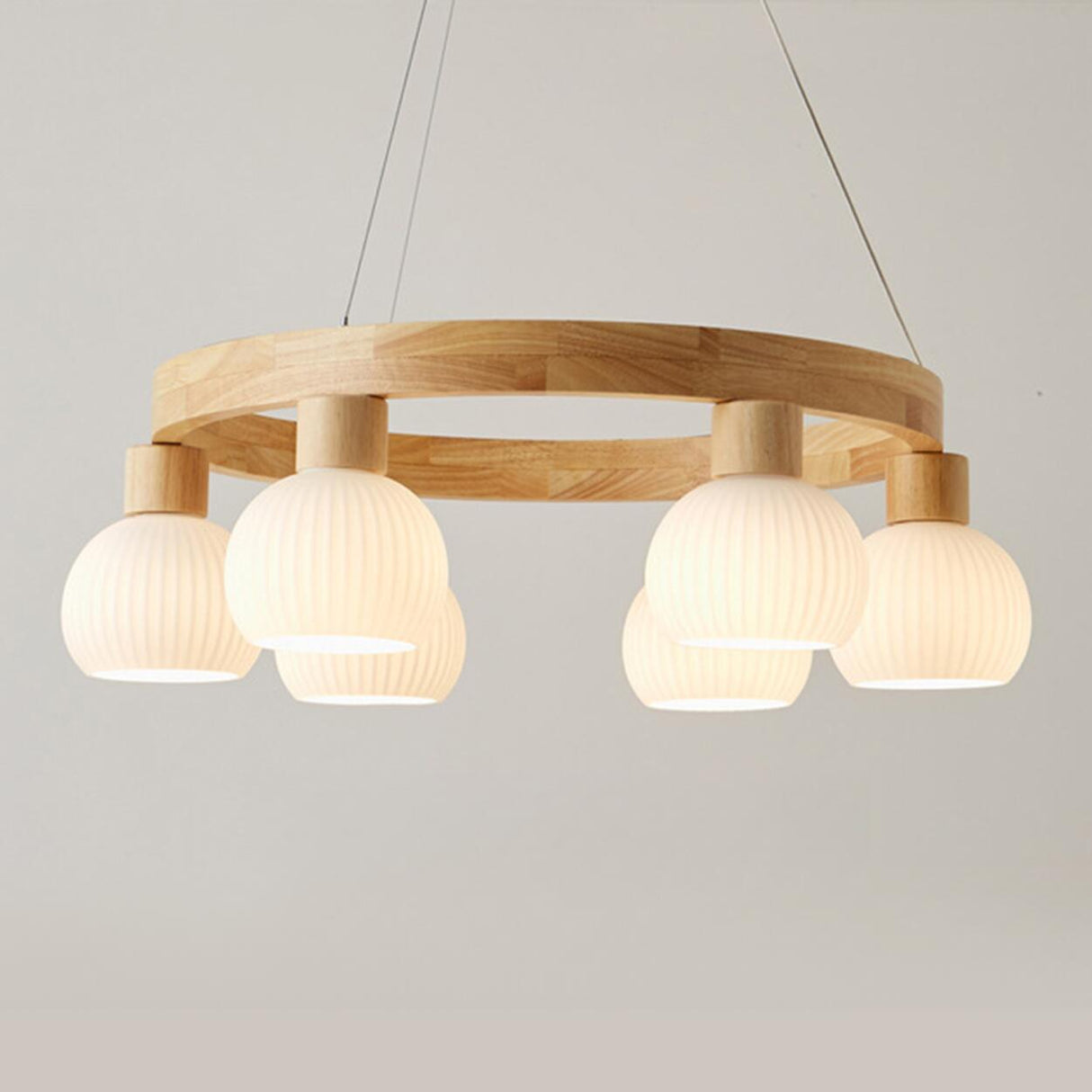 Nordic Wooden Ring White Globe Glass Chandelier Image - 7