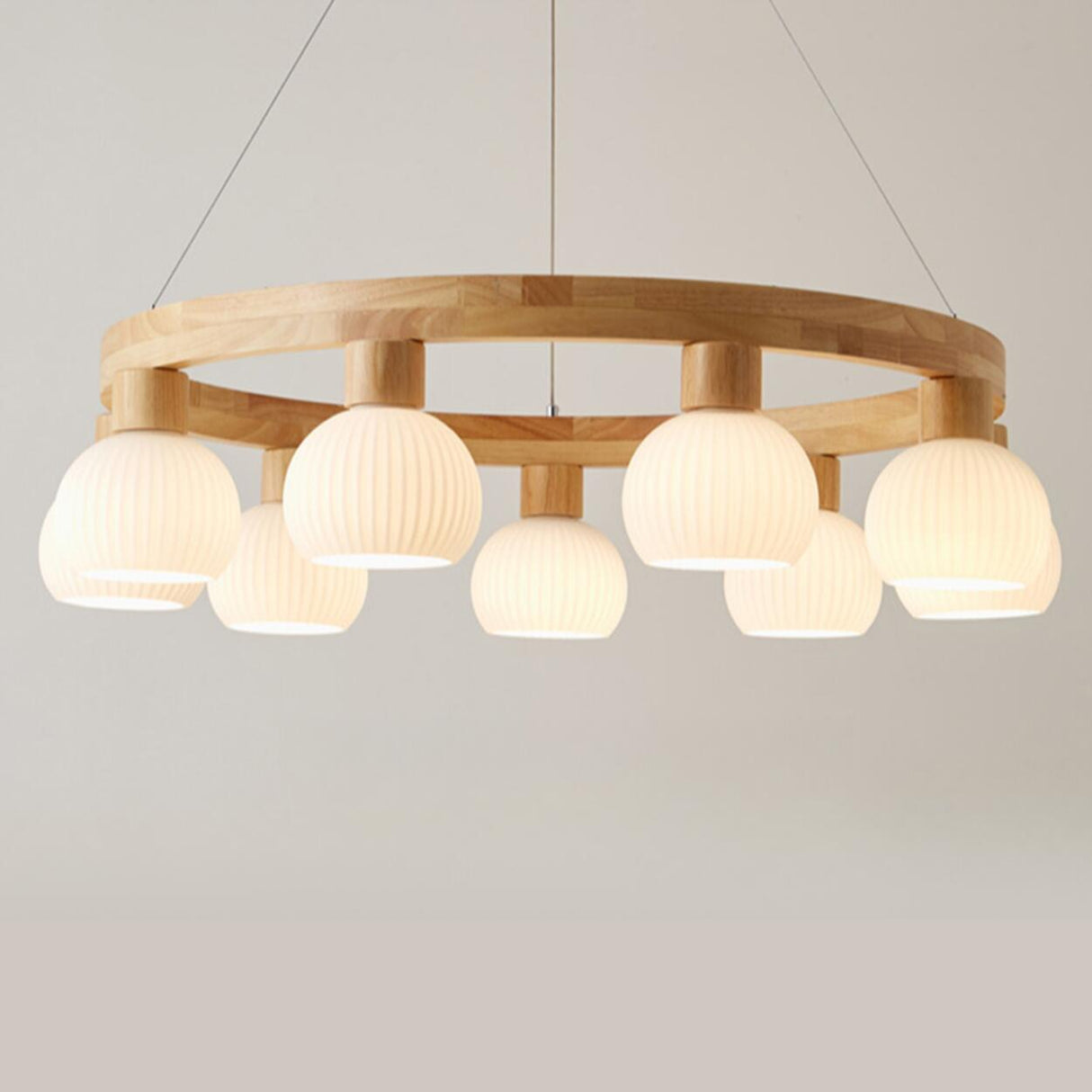 Nordic Wooden Ring White Globe Glass Chandelier Image - 8