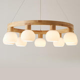 Nordic Wooden Ring White Globe Glass Chandelier Image - 8