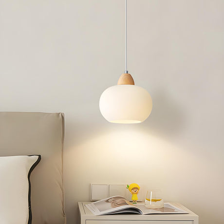 Nordic Wooden White Glass Globe Pendant Light Bedroom Image - 1