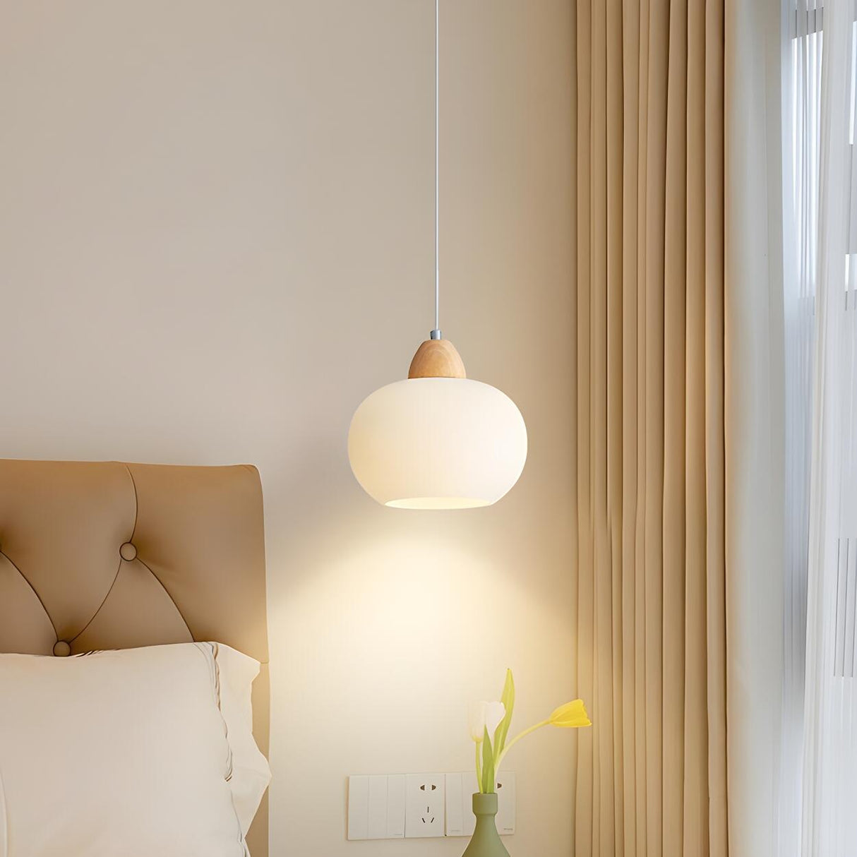 Nordic Wooden White Glass Globe Pendant Light Bedroom Image - 13