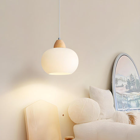 Nordic Wooden White Glass Globe Pendant Light Bedroom Image - 2