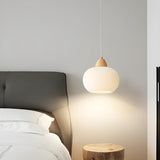 Nordic Wooden White Glass Globe Pendant Light Bedroom Image - 3