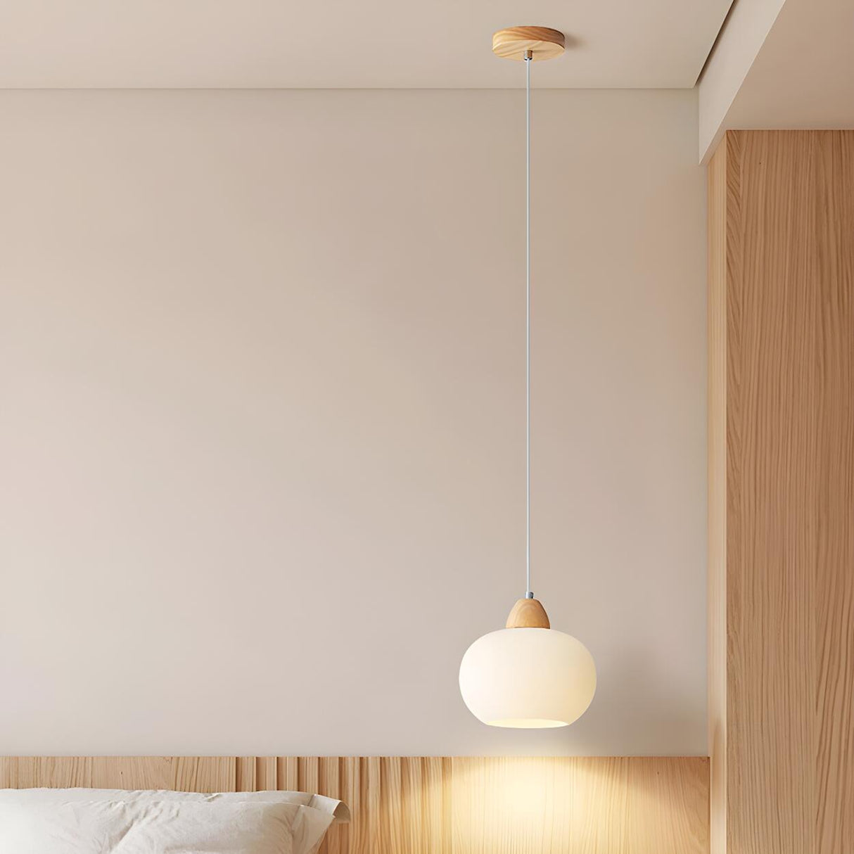 Nordic Wooden White Glass Globe Pendant Light Bedroom Image - 4