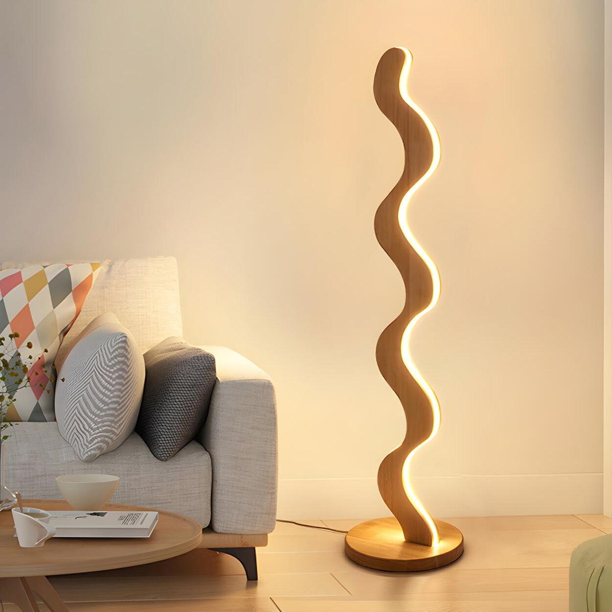 Novelty Wave-Shaped Living Room Wooden Floor Lamp Image - 1