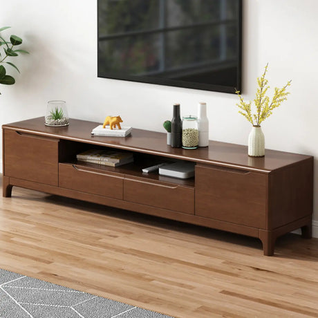 Nut-Brown Rubberwood Cabinet Open Storage TV Stand Image - 1