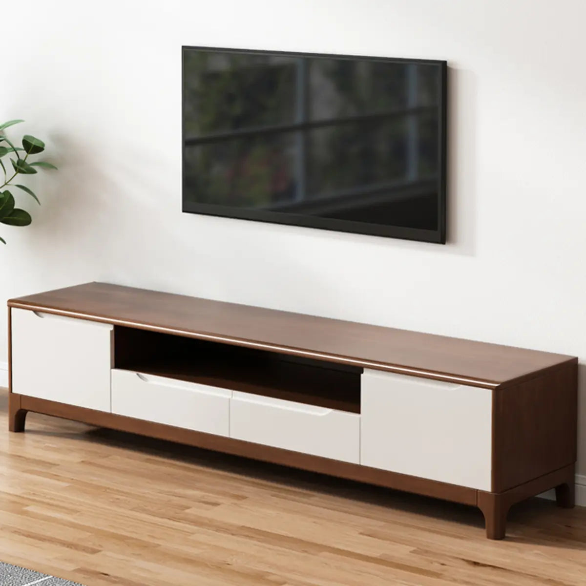 Nut-Brown Rubberwood Cabinet Open Storage TV Stand Image - 4